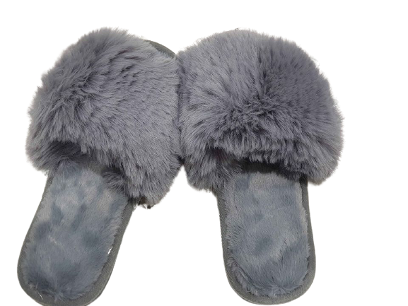 Open Toe Fluffy Slider Slippers in Grey