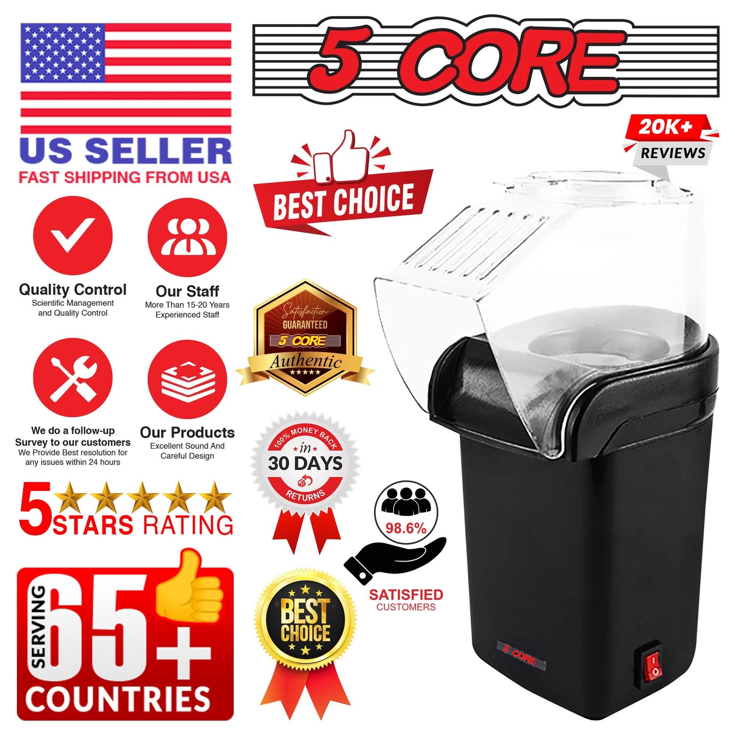 5Core Popcorn Machine 16 Cup Hot Air Popper Mini Portable Electric Pop