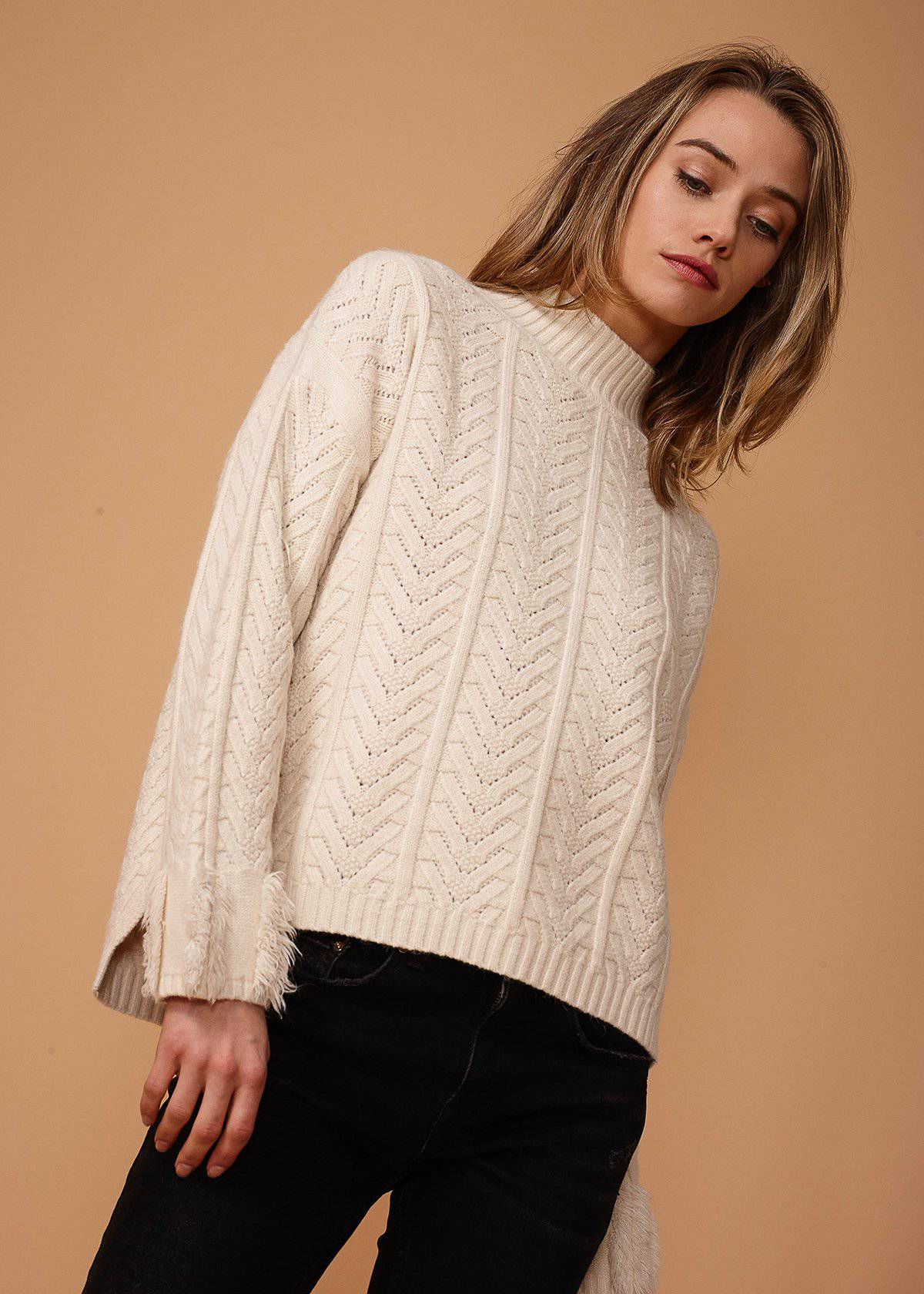 Women's Turtle Neck Fringe Sweater in Natural