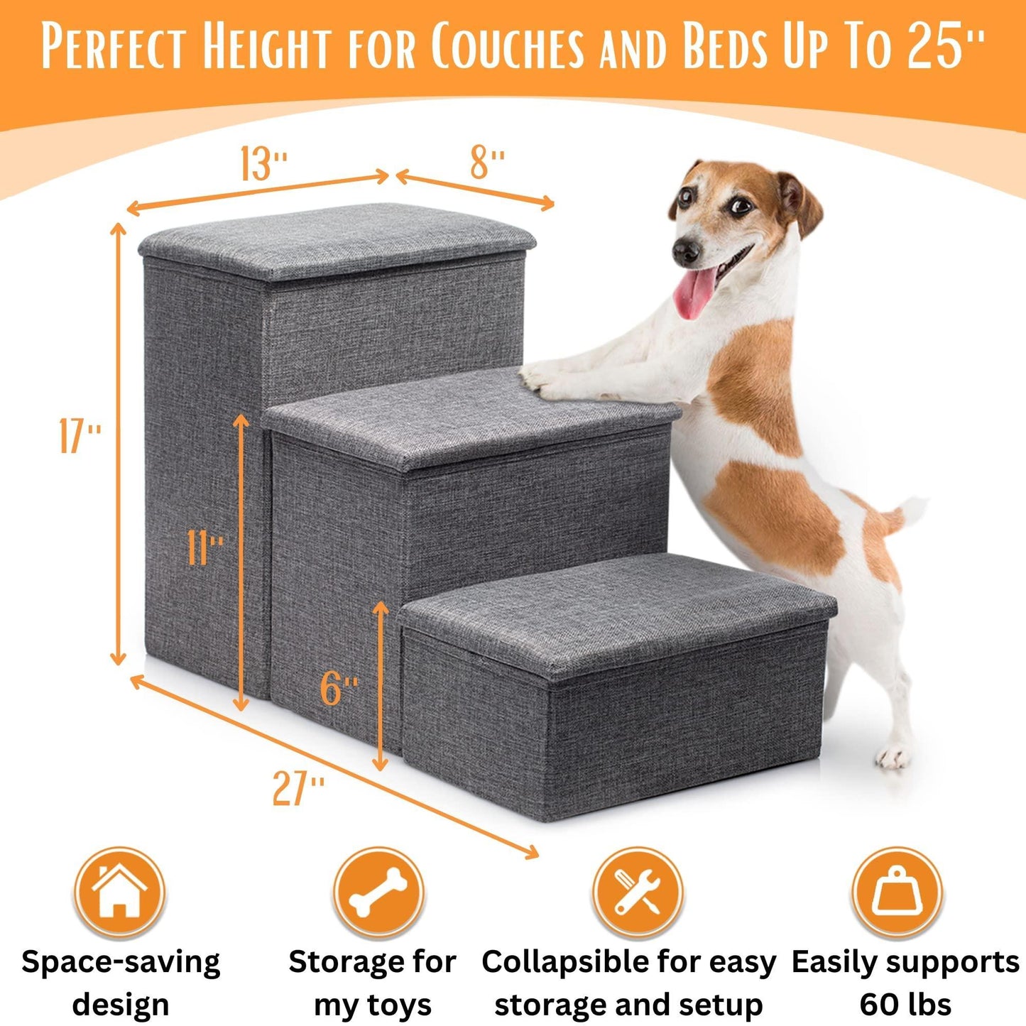 Dog Stairs for High Beds or Couch  Foldable Dog Steps W Storage  Pet