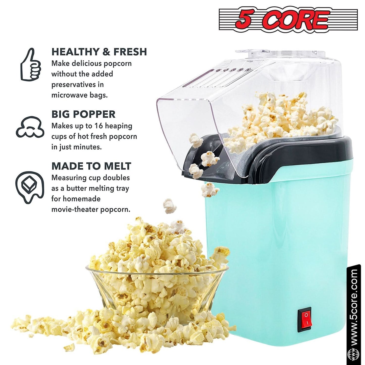 5Core Popcorn Machine 16 Cup Hot Air Popper Mini Portable Electric Pop