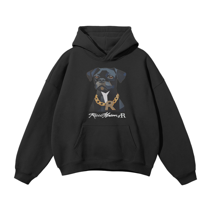 Ricc Mason Streetwear Unisex Oversized Solid Color Fleece Hoodie, Black dog with a Cuban link chain