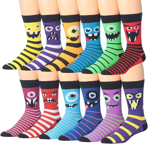 James Fiallo Mens 12 Pairs Funny Faces Striped Colorful Crew Socks