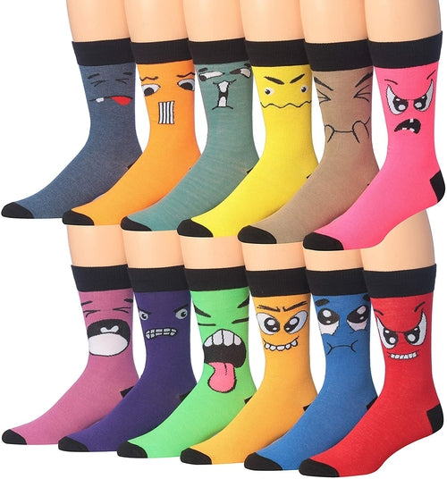 James Fiallo Mens 12 Pairs Funny Faces Striped Colorful Crew Socks