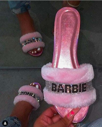 Pink Faux Fur Slides