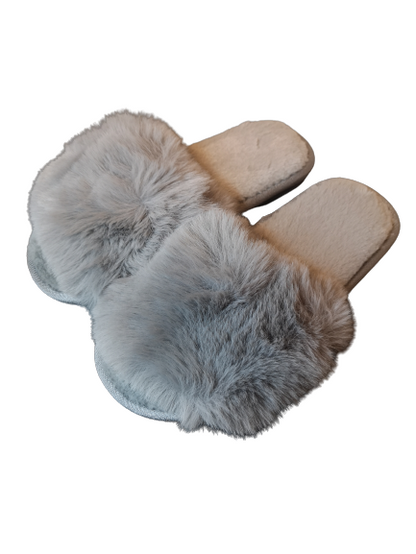 Open Toe Fluffy Slider Slippers in Grey