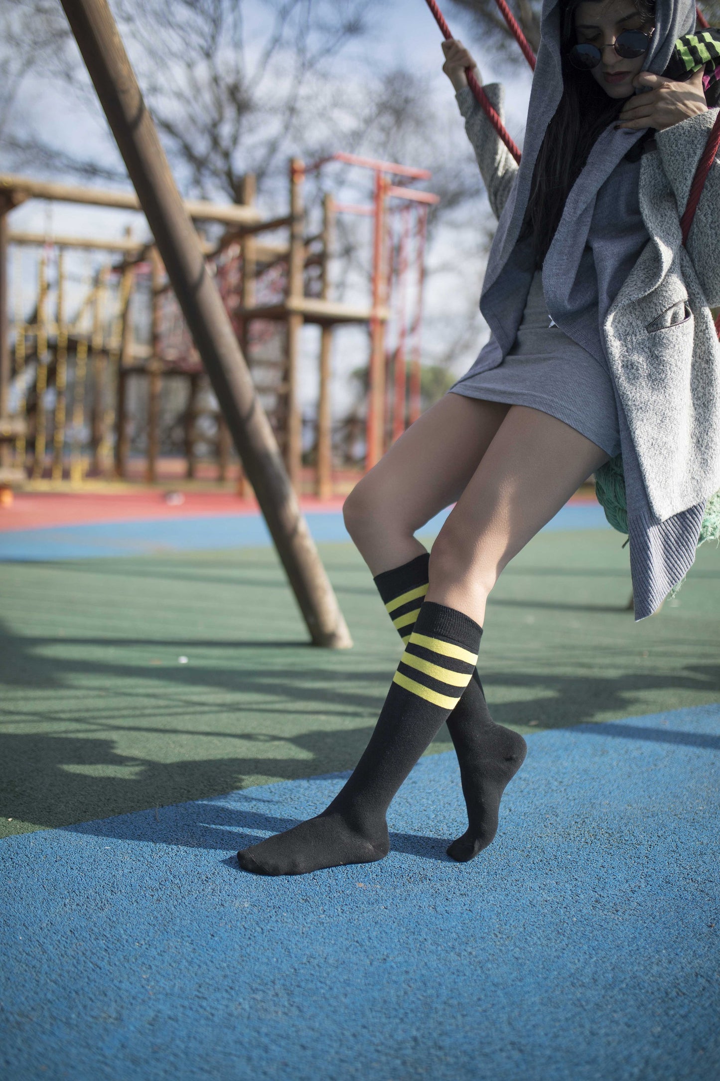 Women's Shiny Dark Stripe Knee High Socks Set