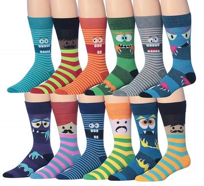 James Fiallo Mens 12 Pairs Funny Faces Striped Colorful Crew Socks