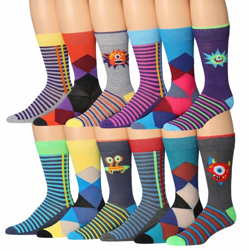 James Fiallo Mens 12 Pairs Funny Faces Striped Colorful Crew Socks